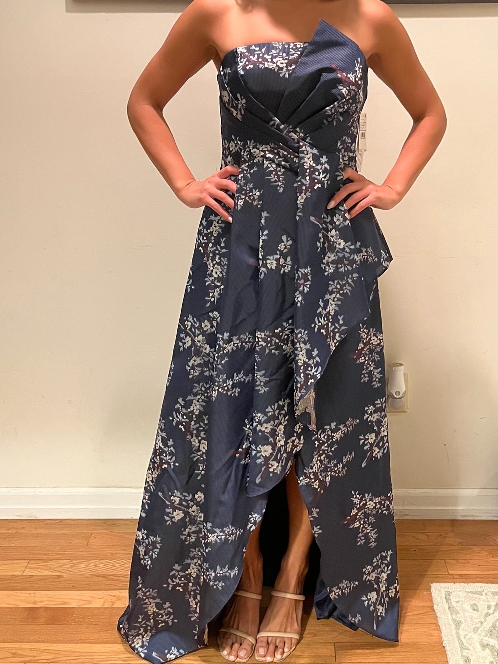 NWT Aidan Mattox Navy Floral Strapless Ruffled Maxi Dress